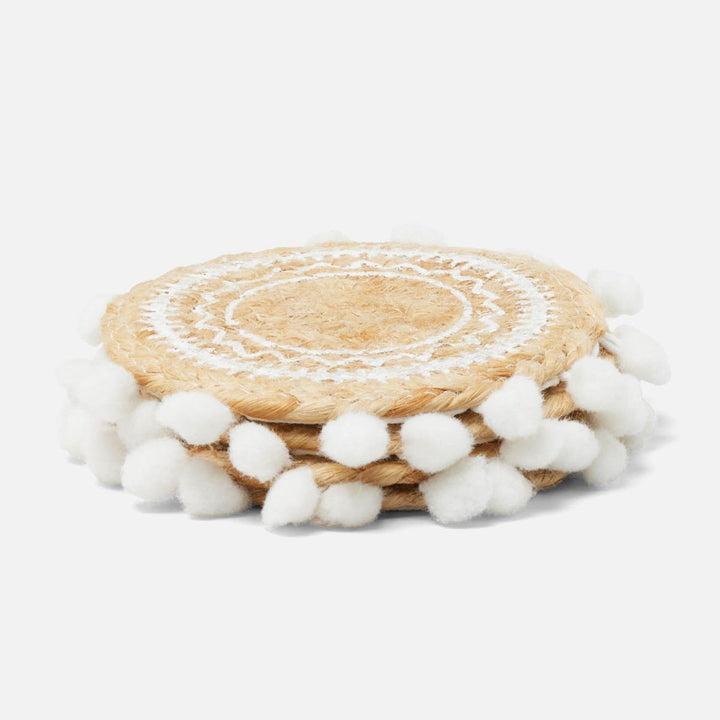 Giada Natural/White Pom Pom Set Of 4 Coasters Jute