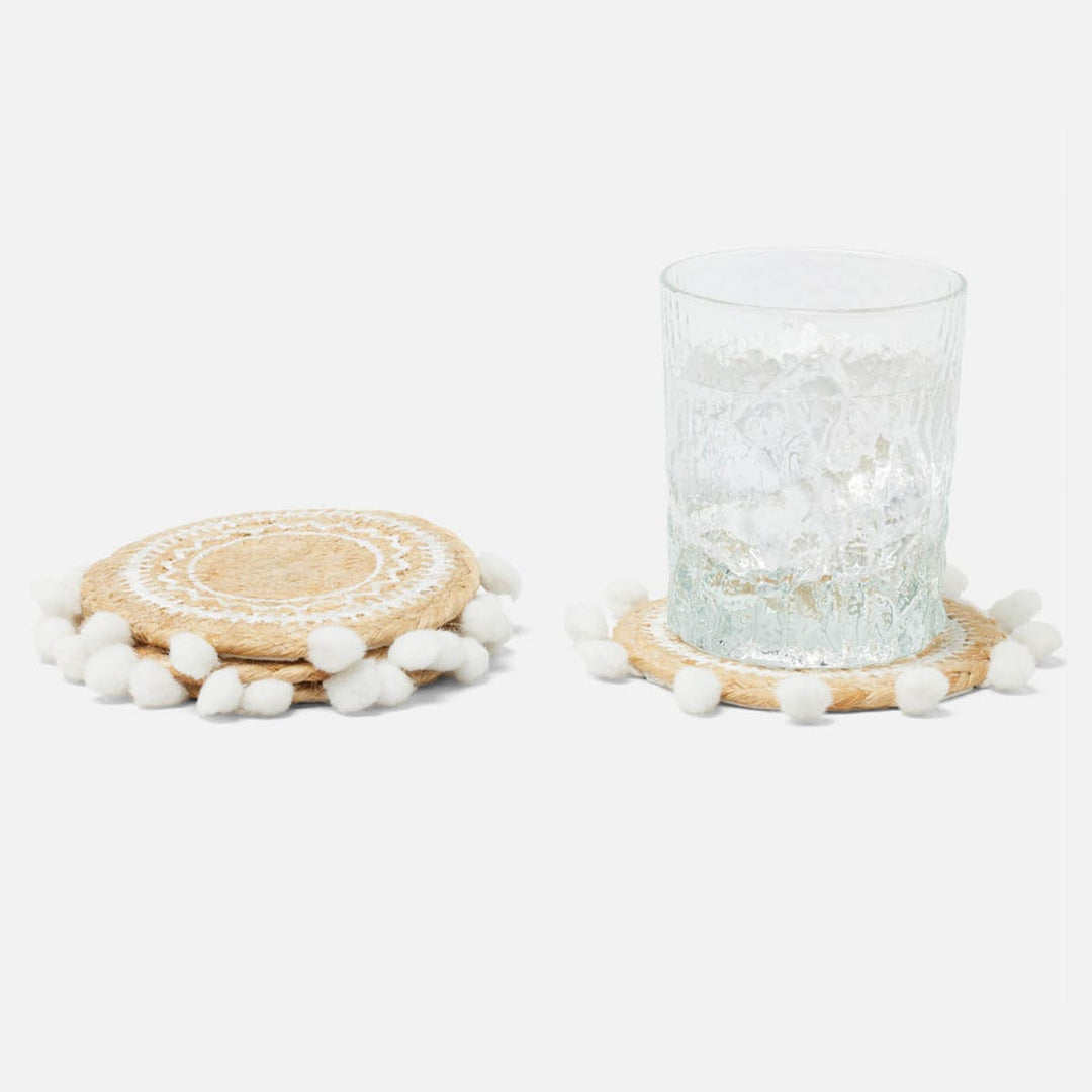 Giada Natural/White Pom Pom Set Of 4 Coasters Jute