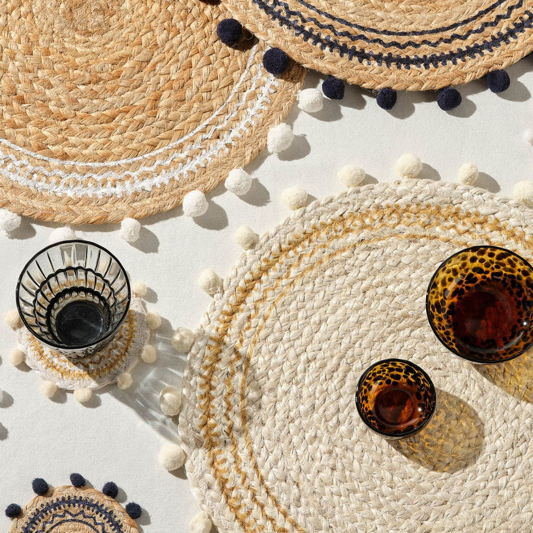 Giada Natural/White Pom Pom Set Of 4 Coasters Jute