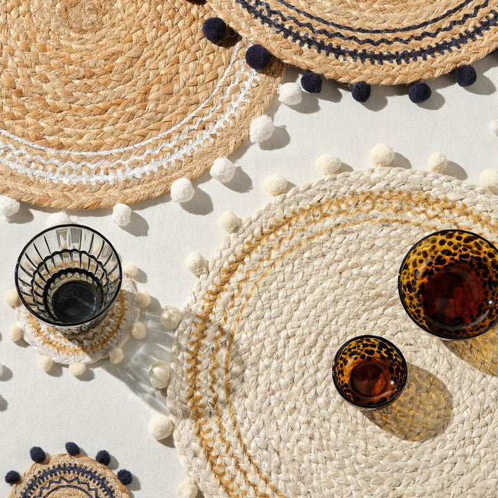 Giada Natural/White Pom Pom Set Of 4 Coasters Jute