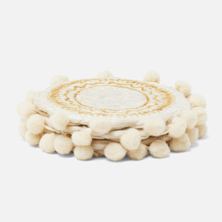Giada White/Natural Pom Pom Set Of 4 Coasters Jute