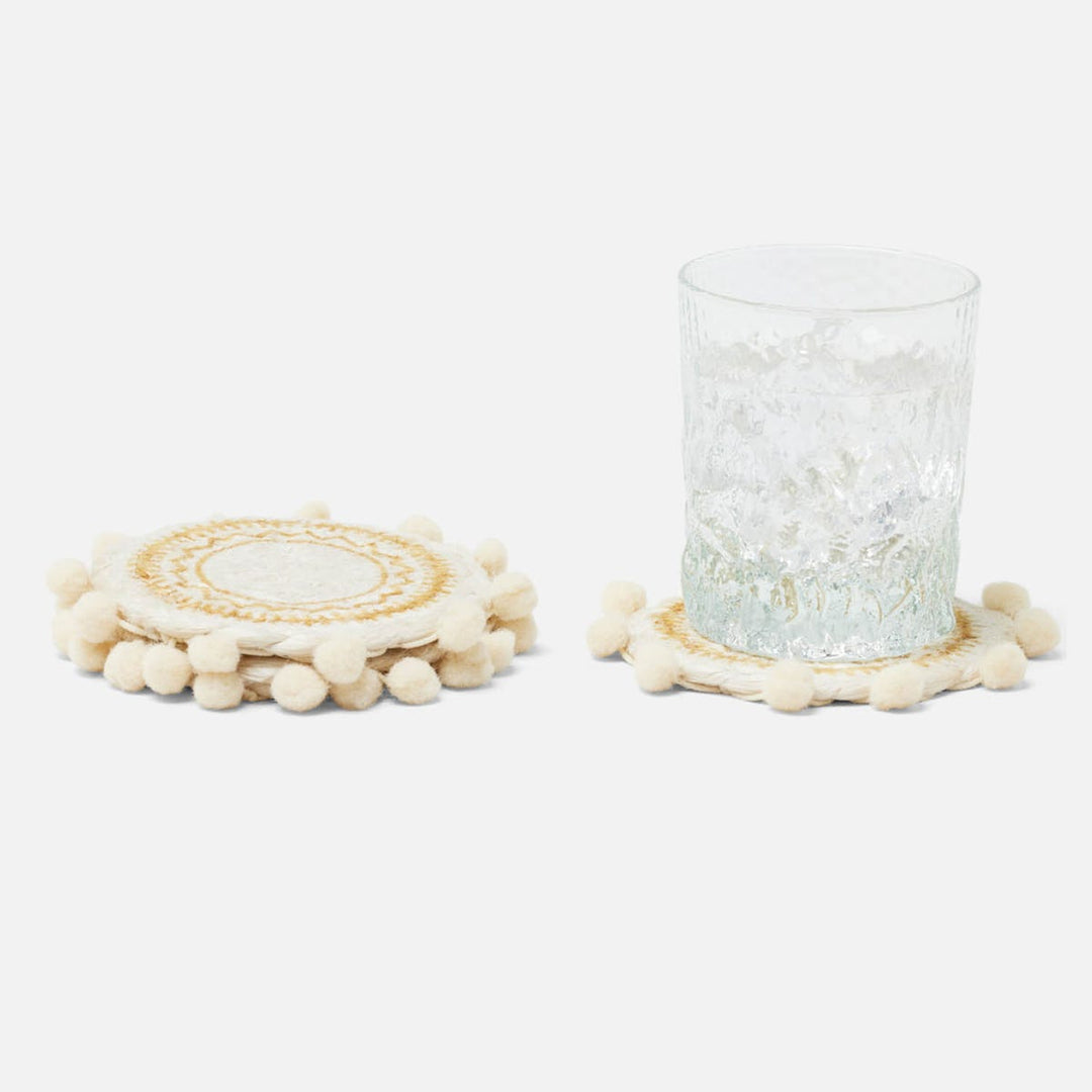 Giada White/Natural Pom Pom Set Of 4 Coasters Jute