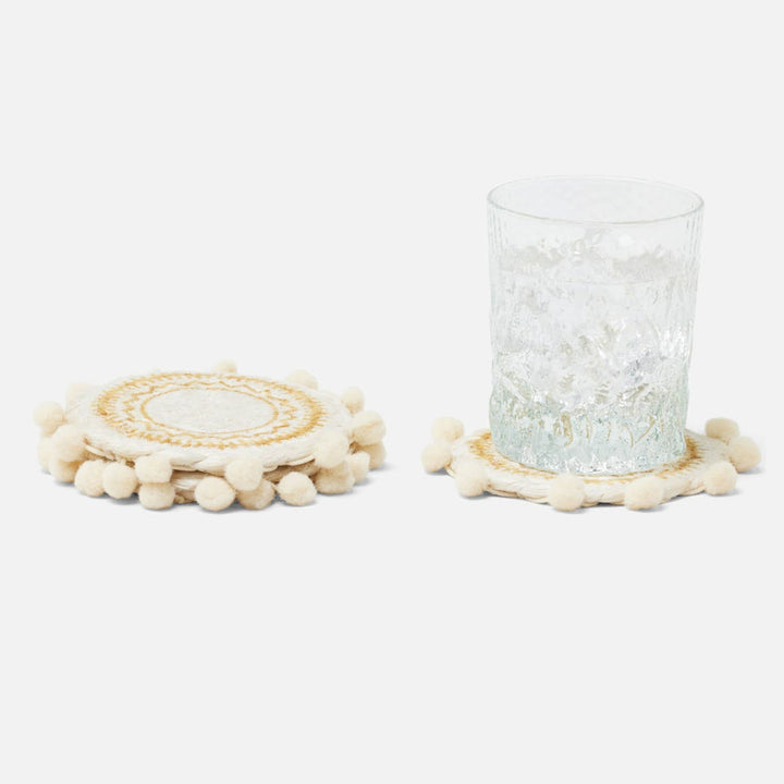 Giada White/Natural Pom Pom Set Of 4 Coasters Jute