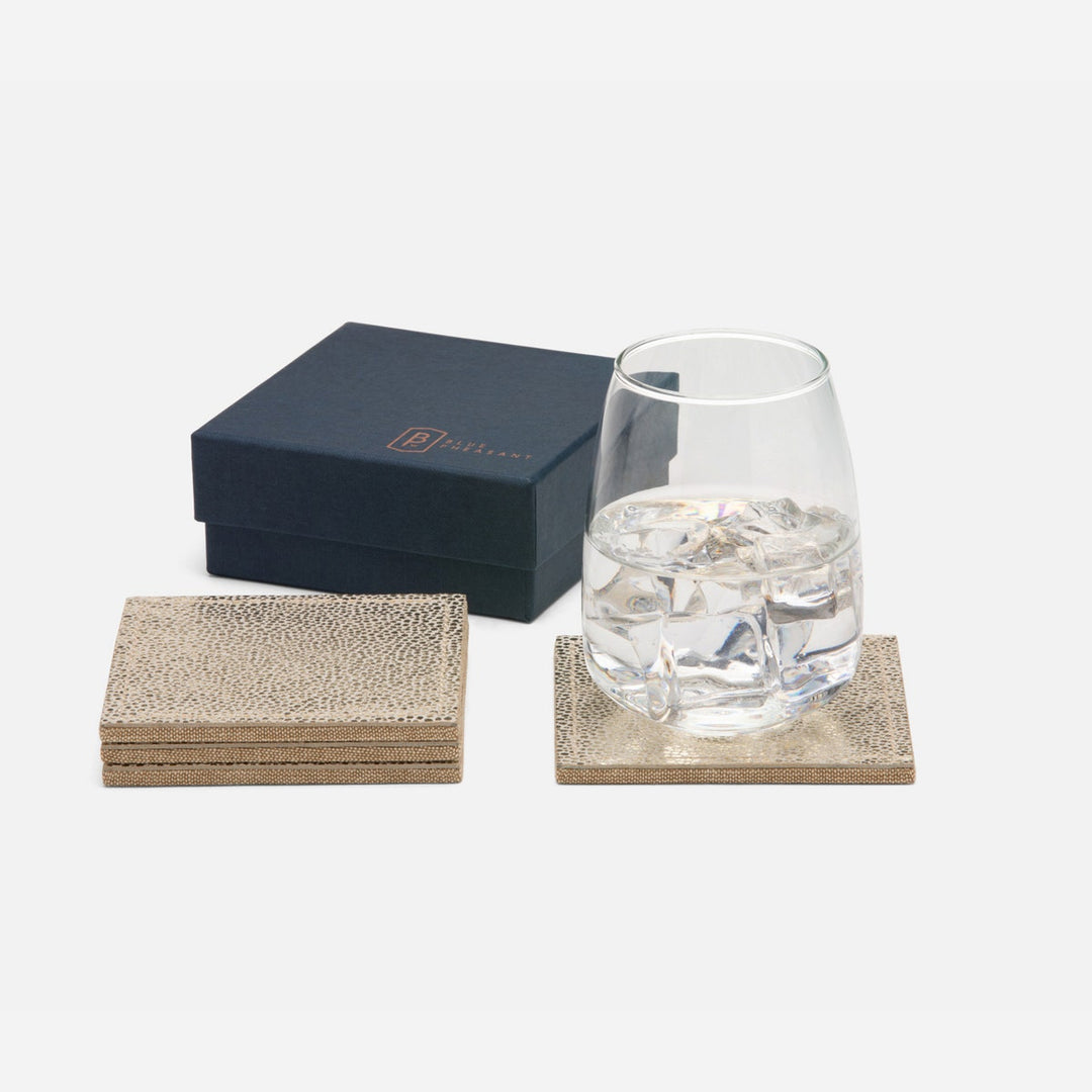Jessica Square Gold Foil Full-Grain Leather Coasters Boxed Set Of 4
