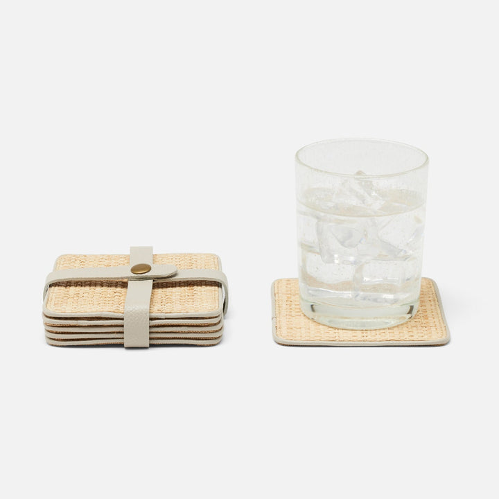 Kenneth Natural/Light Gray Set Of 6 Coasters W/ Strap Rayon/Leather