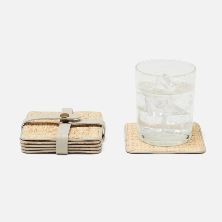 Kenneth Natural/Light Gray Set Of 6 Coasters W/ Strap Rayon/Leather