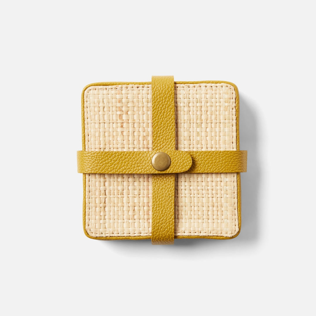Kenneth Natural/Mustard Set Of 6 Coasters W/ Strap Rayon/Leather