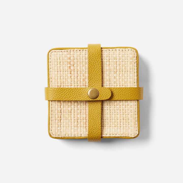 Kenneth Natural/Mustard Set Of 6 Coasters W/ Strap Rayon/Leather