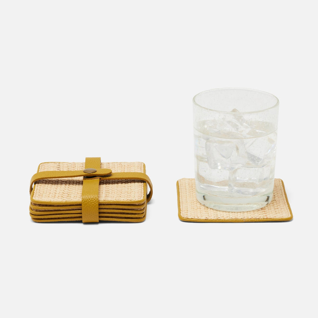 Kenneth Natural/Mustard Set Of 6 Coasters W/ Strap Rayon/Leather