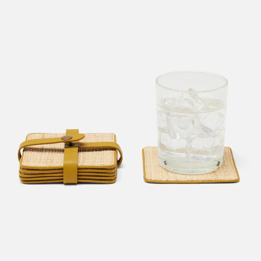 Kenneth Natural/Mustard Set Of 6 Coasters W/ Strap Rayon/Leather