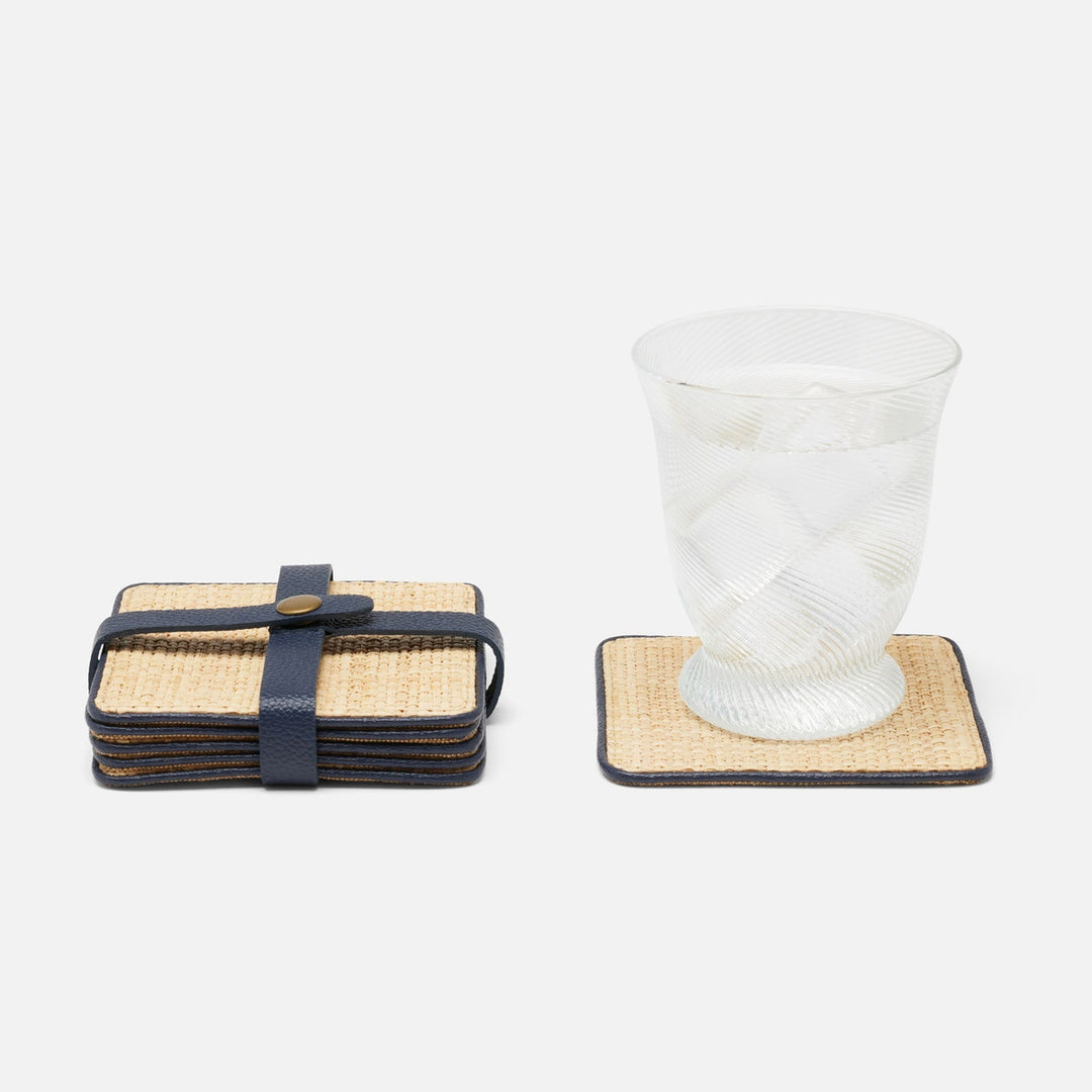 Kenneth Natural/Navy Set Of 6 Coasters W/ Strap Rayon/Leather