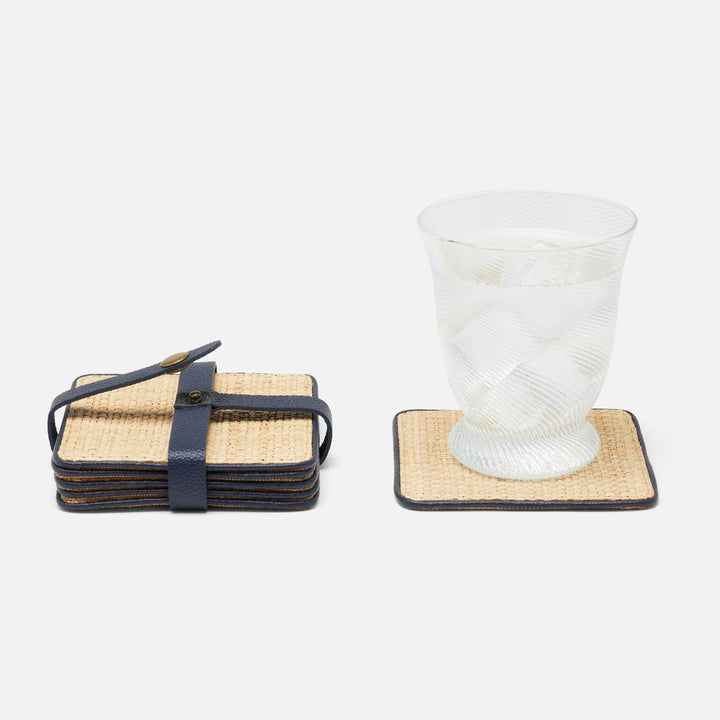Kenneth Natural/Navy Set Of 6 Coasters W/ Strap Rayon/Leather