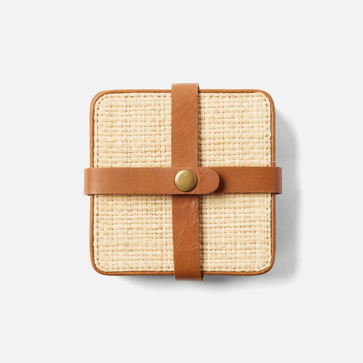 Kenneth Natural/Saddle Set Of 6 Coasters W/ Strap Rayon/Leather