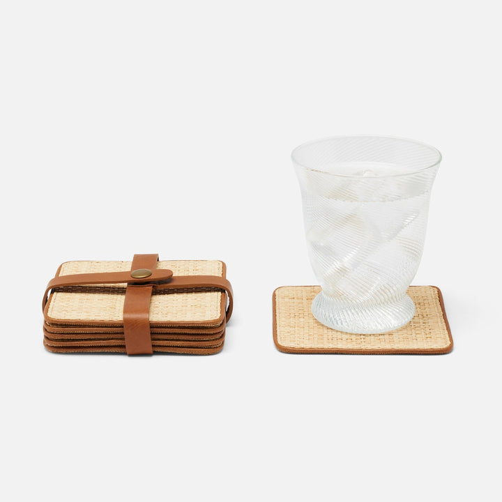 Kenneth Natural/Saddle Set Of 6 Coasters W/ Strap Rayon/Leather