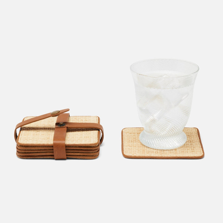 Kenneth Natural/Saddle Set Of 6 Coasters W/ Strap Rayon/Leather