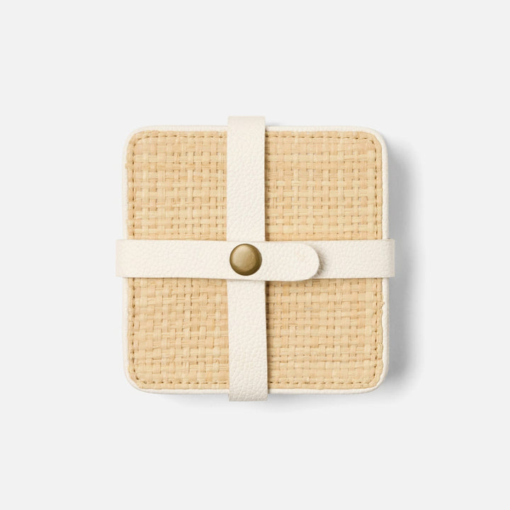 Kenneth Natural/White Set Of 6 Coasters W/ Strap Raffia/Rayon/Leather