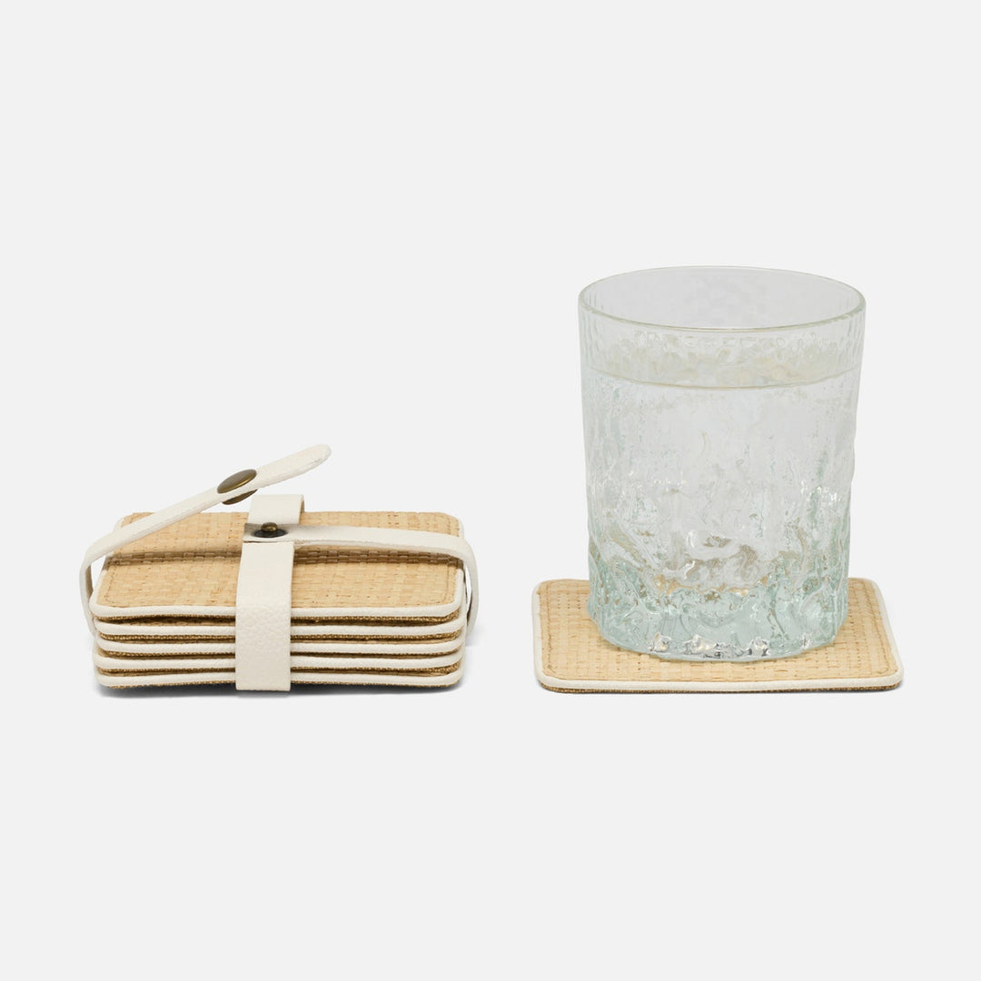 Kenneth Natural/White Set Of 6 Coasters W/ Strap Raffia/Rayon/Leather