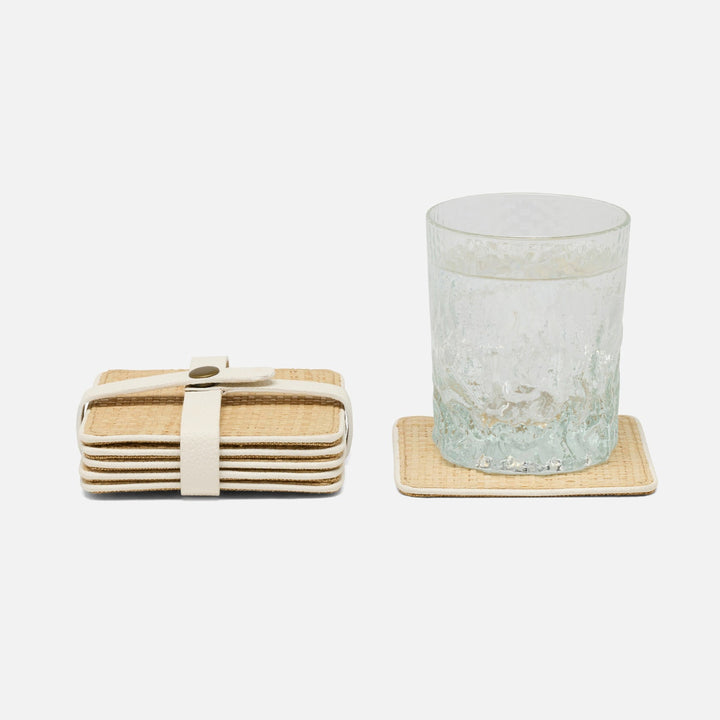 Kenneth Natural/White Set Of 6 Coasters W/ Strap Raffia/Rayon/Leather