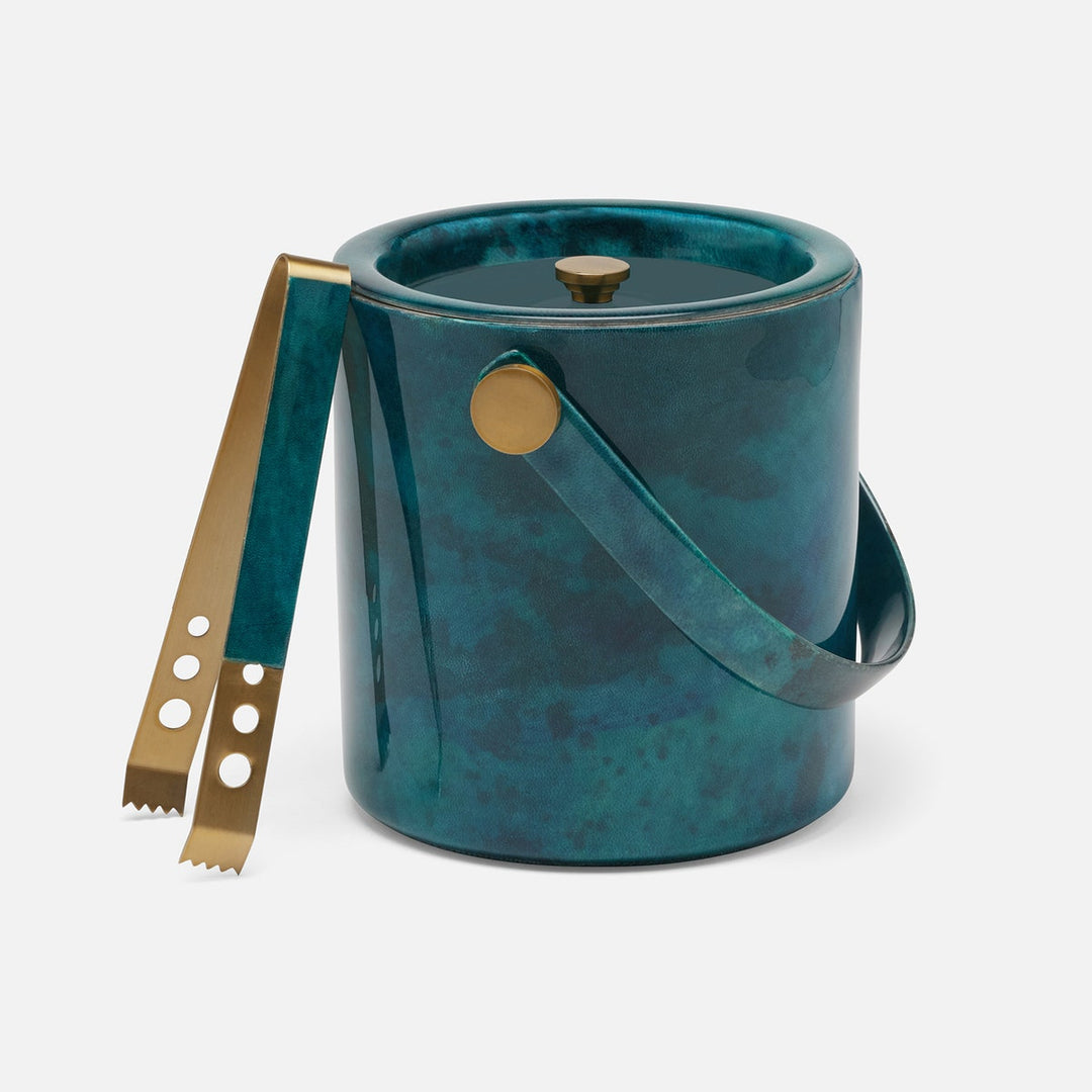 Nelson Blue Gloss Ice Bucket W/ Tongs Vellum Leather
