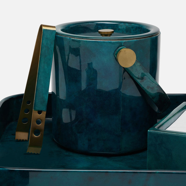Nelson Blue Gloss Ice Bucket W/ Tongs Vellum Leather
