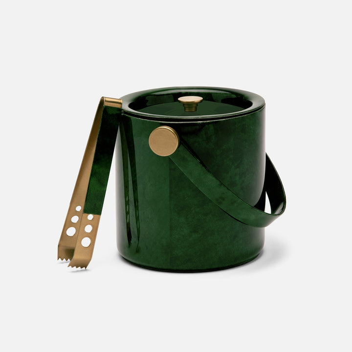 Nelson Emerald Gloss Ice Bucket W/ Tongs Vellum Leather