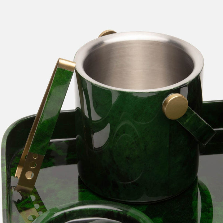 Nelson Emerald Gloss Ice Bucket W/ Tongs Vellum Leather