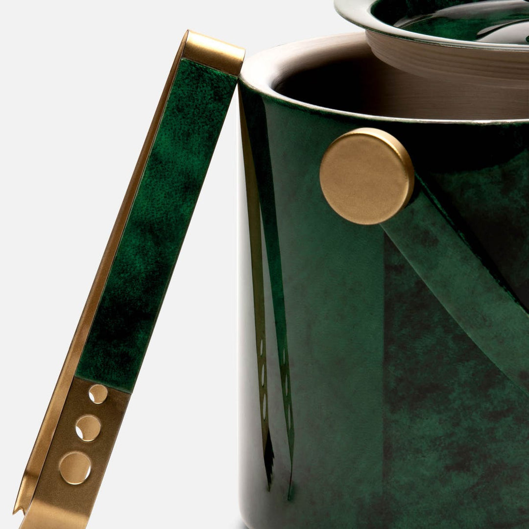 Nelson Emerald Gloss Ice Bucket W/ Tongs Vellum Leather
