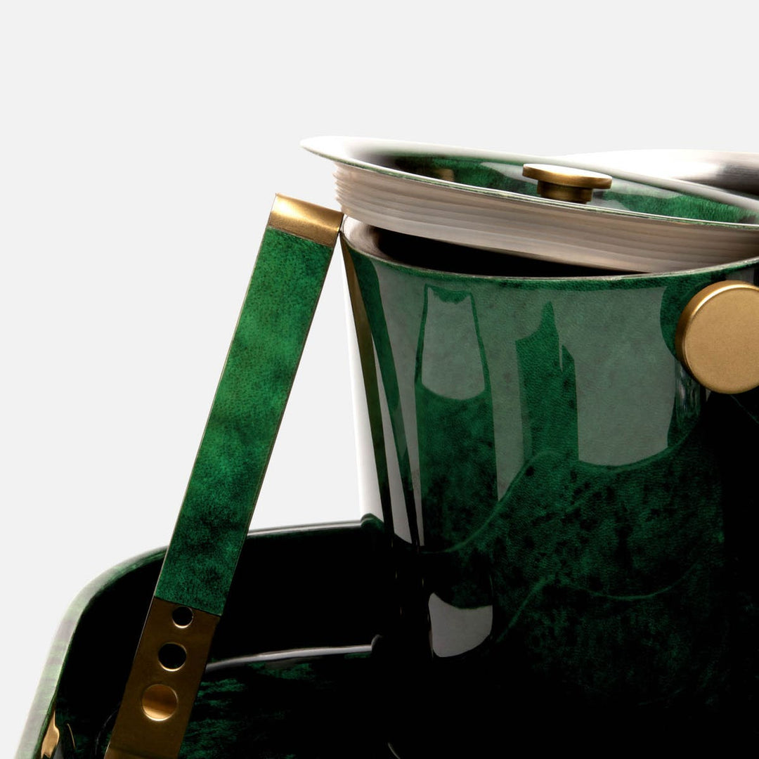 Nelson Emerald Gloss Ice Bucket W/ Tongs Vellum Leather