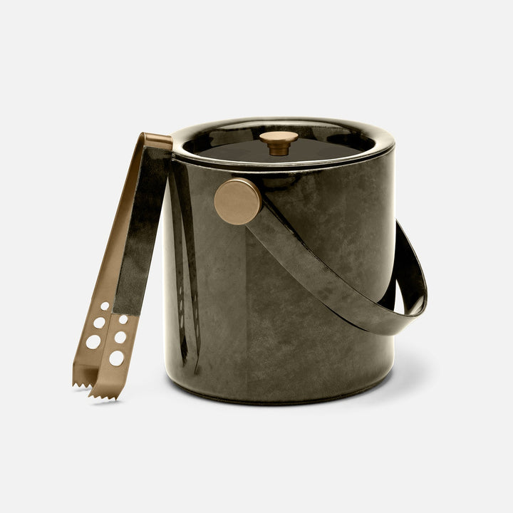 Nelson Gray Gloss Ice Bucket W/ Tongs Vellum Leather