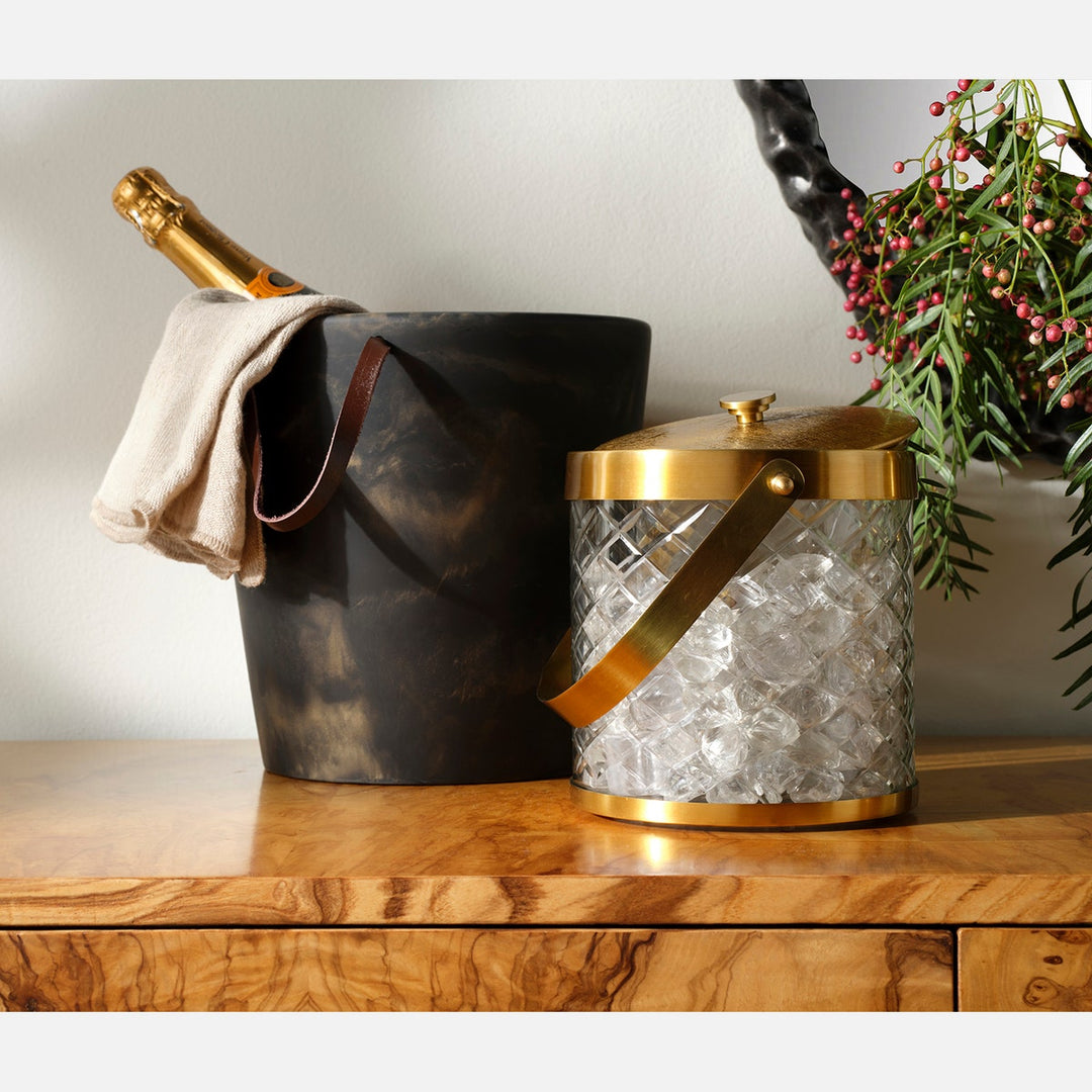 Sevasti Antique Brass Diamond Etched Ice Bucket W/ Tongs Metal/ Glass