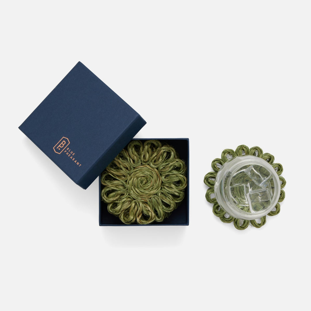 Teigan Olive Floral Coasters Abaca Boxed Set Of 4