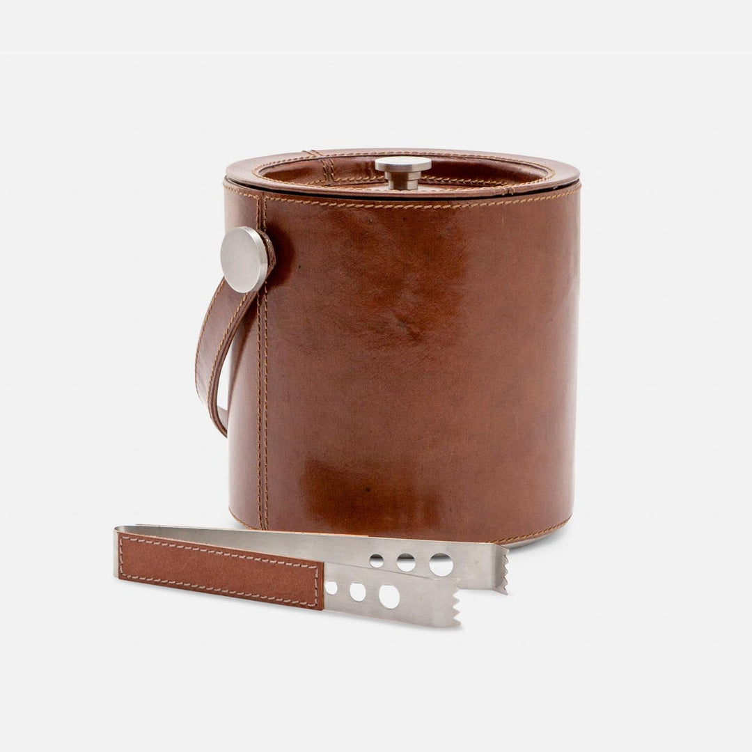 Bristol Tobacco Leather Ice Bucket W/ Tongs Round Full-Grain Leather