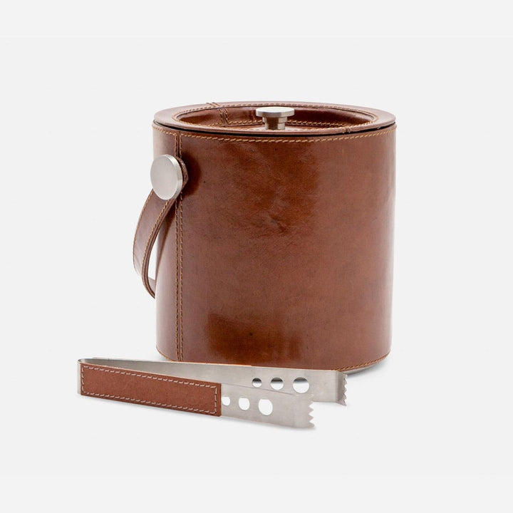 Bristol Tobacco Leather Ice Bucket W/ Tongs Round Full-Grain Leather