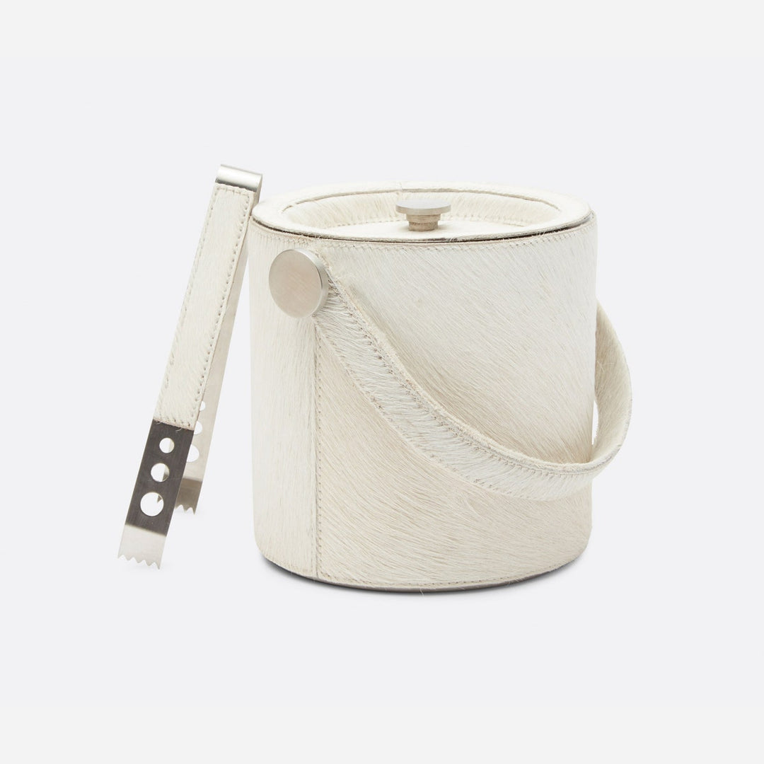 Browmley Natural White Ice Bucket W/ Tongs Round Hair-On-Hide