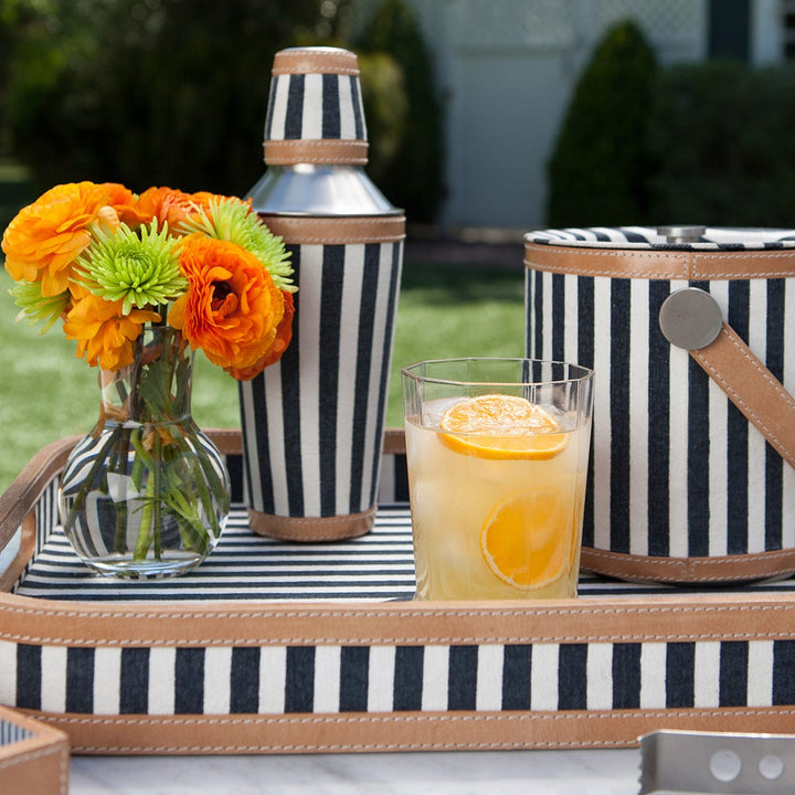 Hamilton Striped Canvas W/Leather Trim Tray Rectangular With Rounded Edges