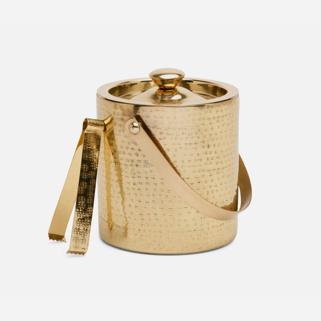 Winsford Shiny Brass Ice Bucket W/ Tongs Round Hammered Stainless Steel/Brass
