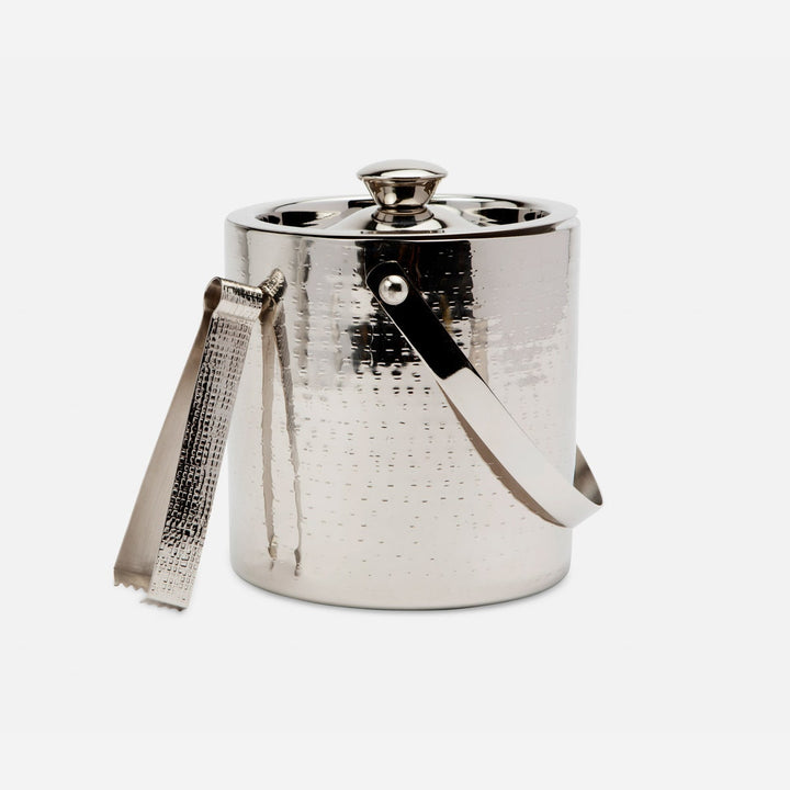 Winsford Shiny Nickel Ice Bucket W/ Tongs Round Hammered Stainless Steel/Brass