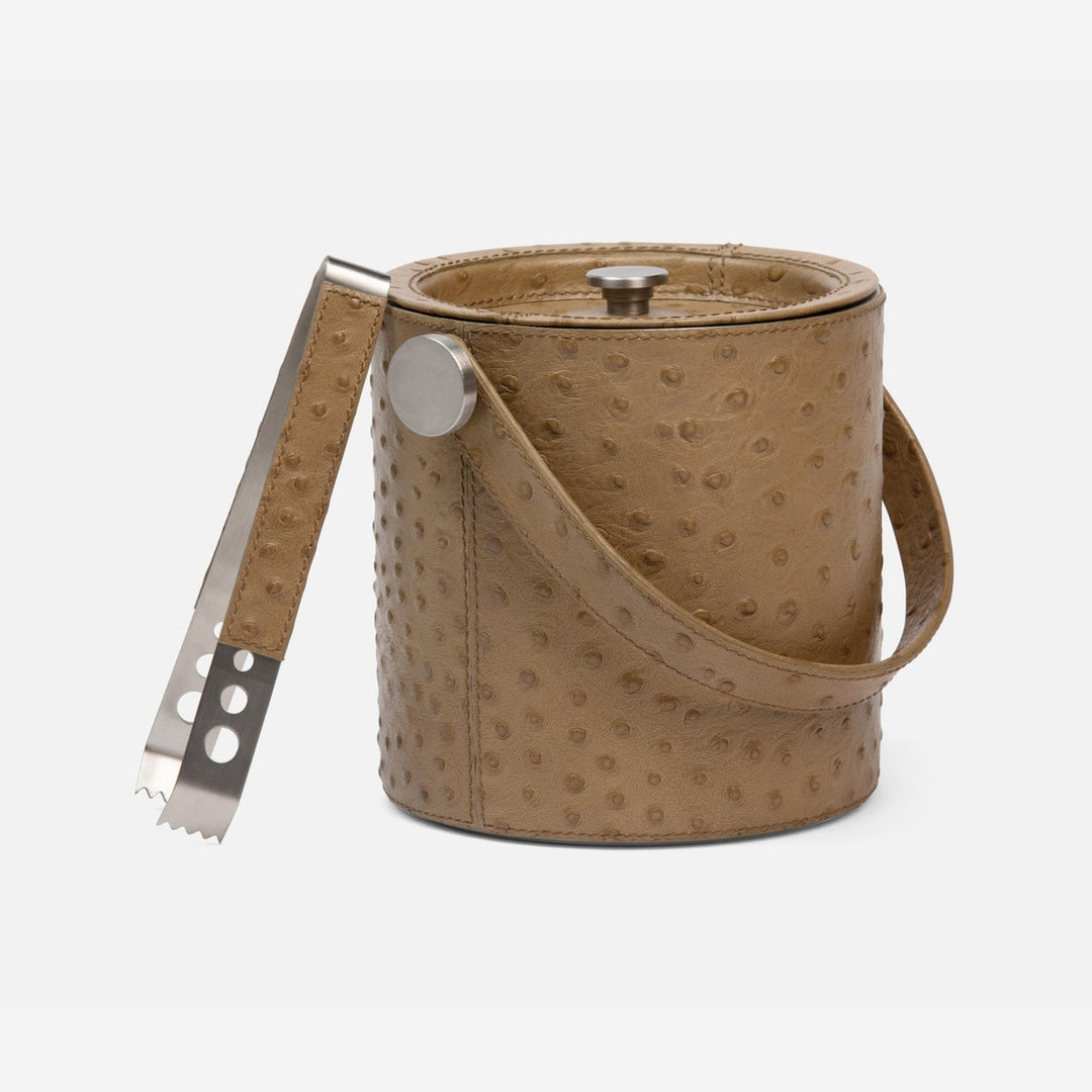 Witney Oat Brown Ostrich Ice Bucket W/ Tongs Round Full-Grain Leather