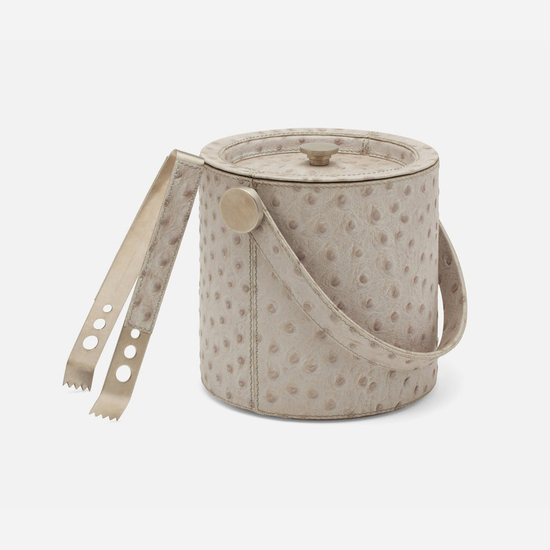 Witney Light Gray Ostrich Ice Bucket W/ Tongs Full-Grain Leather