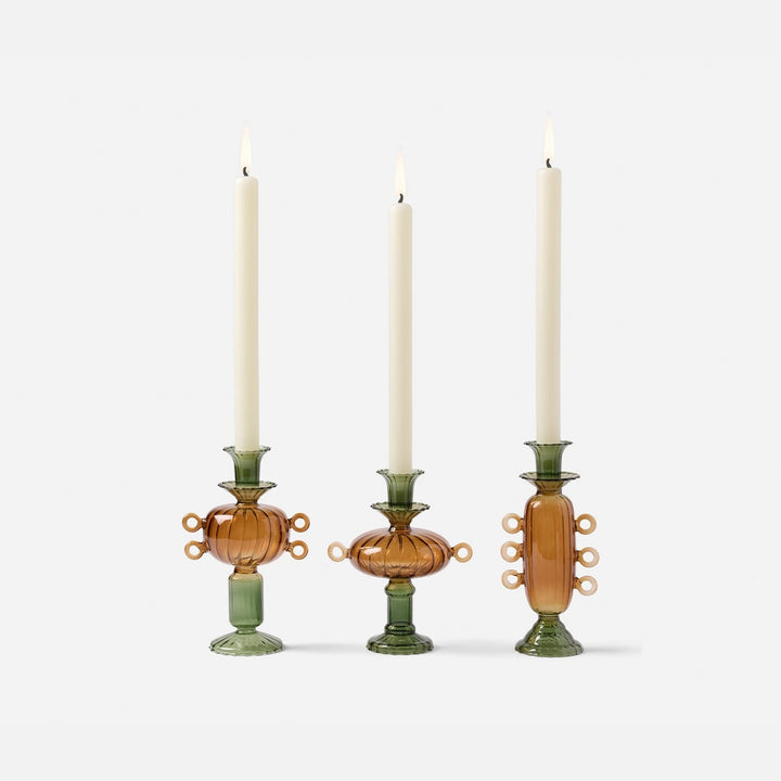 Ambrose Olive/Amber Candle Holders Hand Blown Glass Set/3