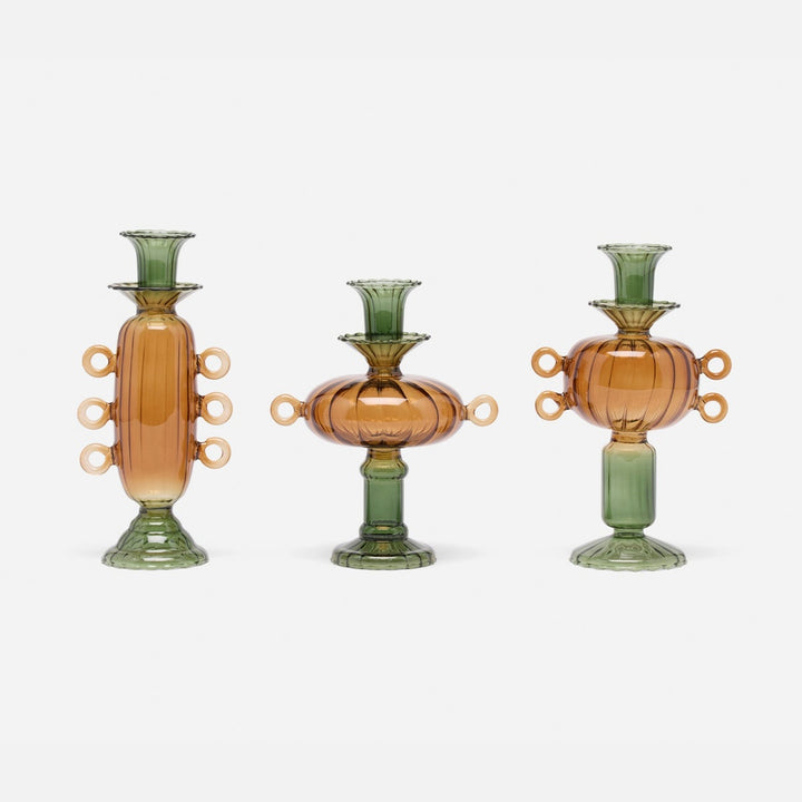 Ambrose Olive/Amber Candle Holders Hand Blown Glass Set/3