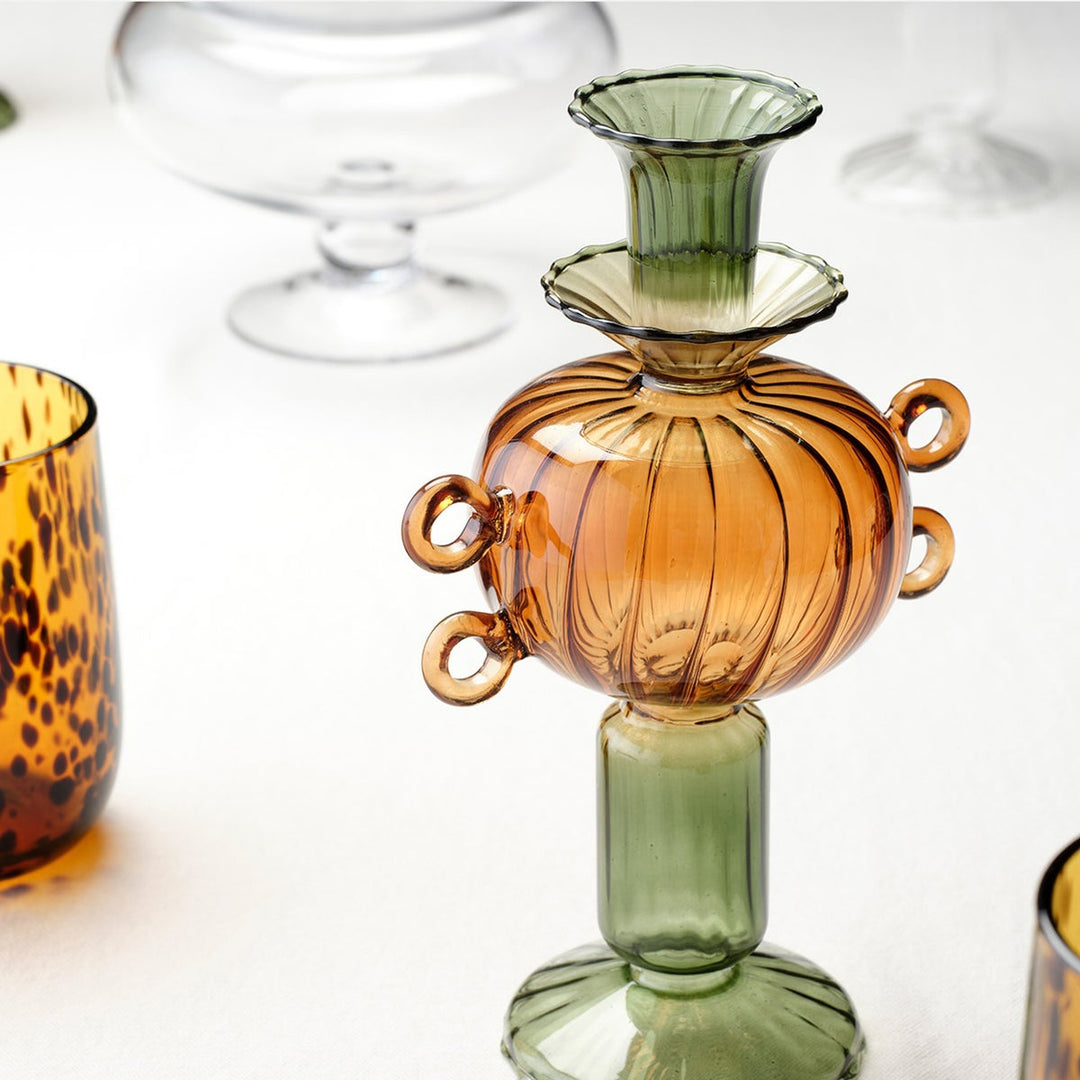 Ambrose Olive/Amber Candle Holders Hand Blown Glass Set/3