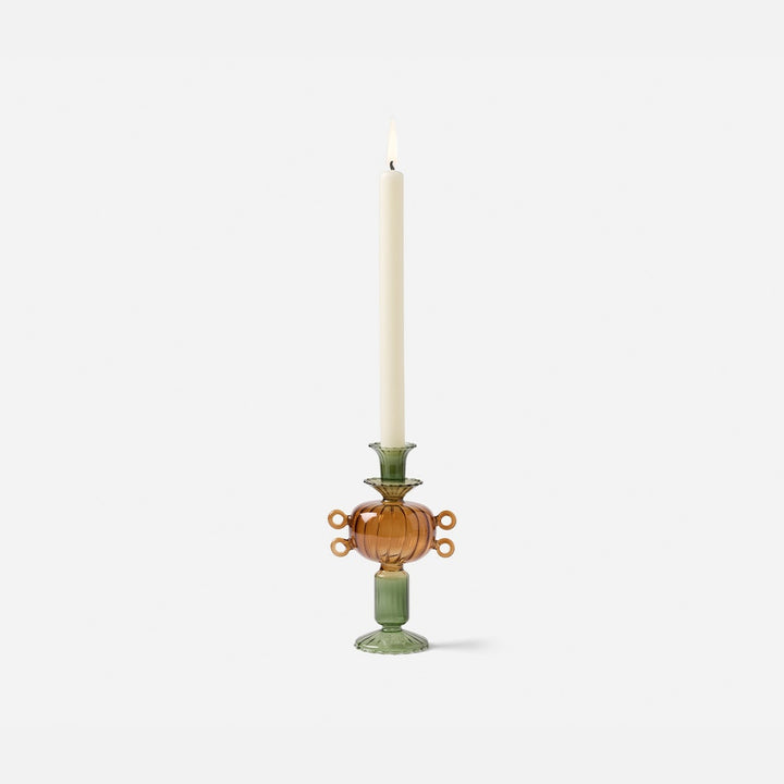 Ambrose Olive/Amber Candle Holders Hand Blown Glass Set/3