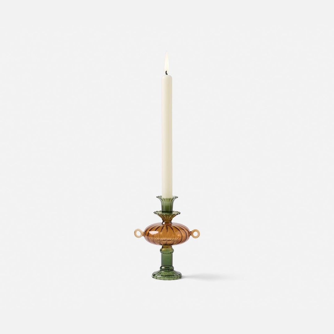Ambrose Olive/Amber Candle Holders Hand Blown Glass Set/3