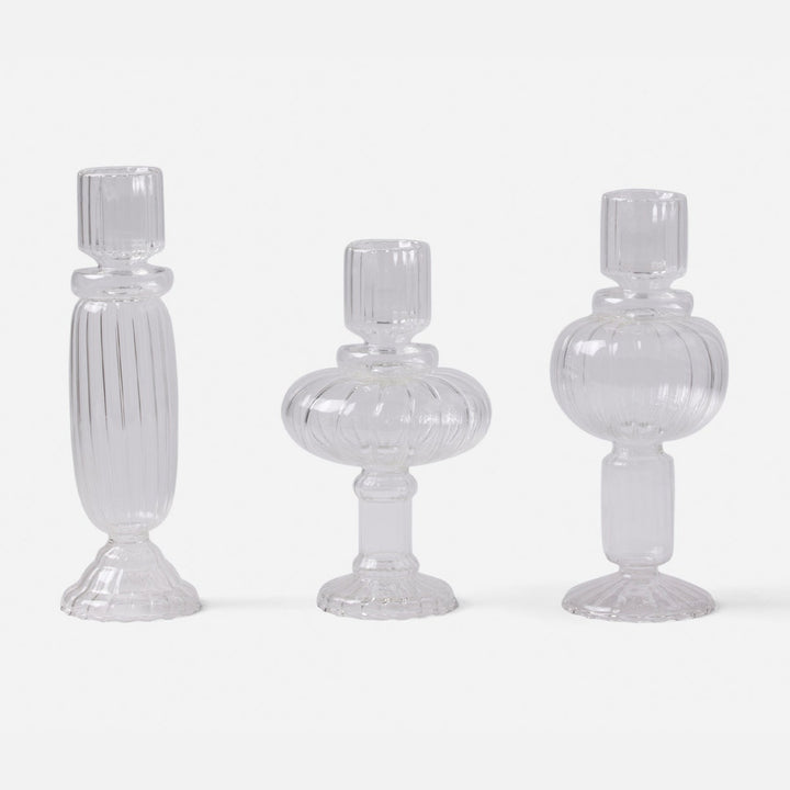 Elodie Clear Candle Holders Hand Blown Glass Set/3