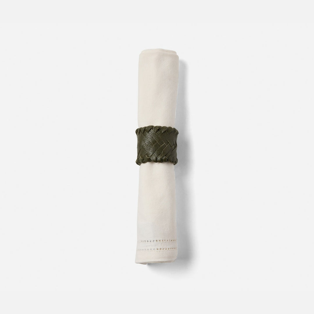 Fordham Forest Green Braided Napkin Ring Full-Grain Leather Boxed Pack/4