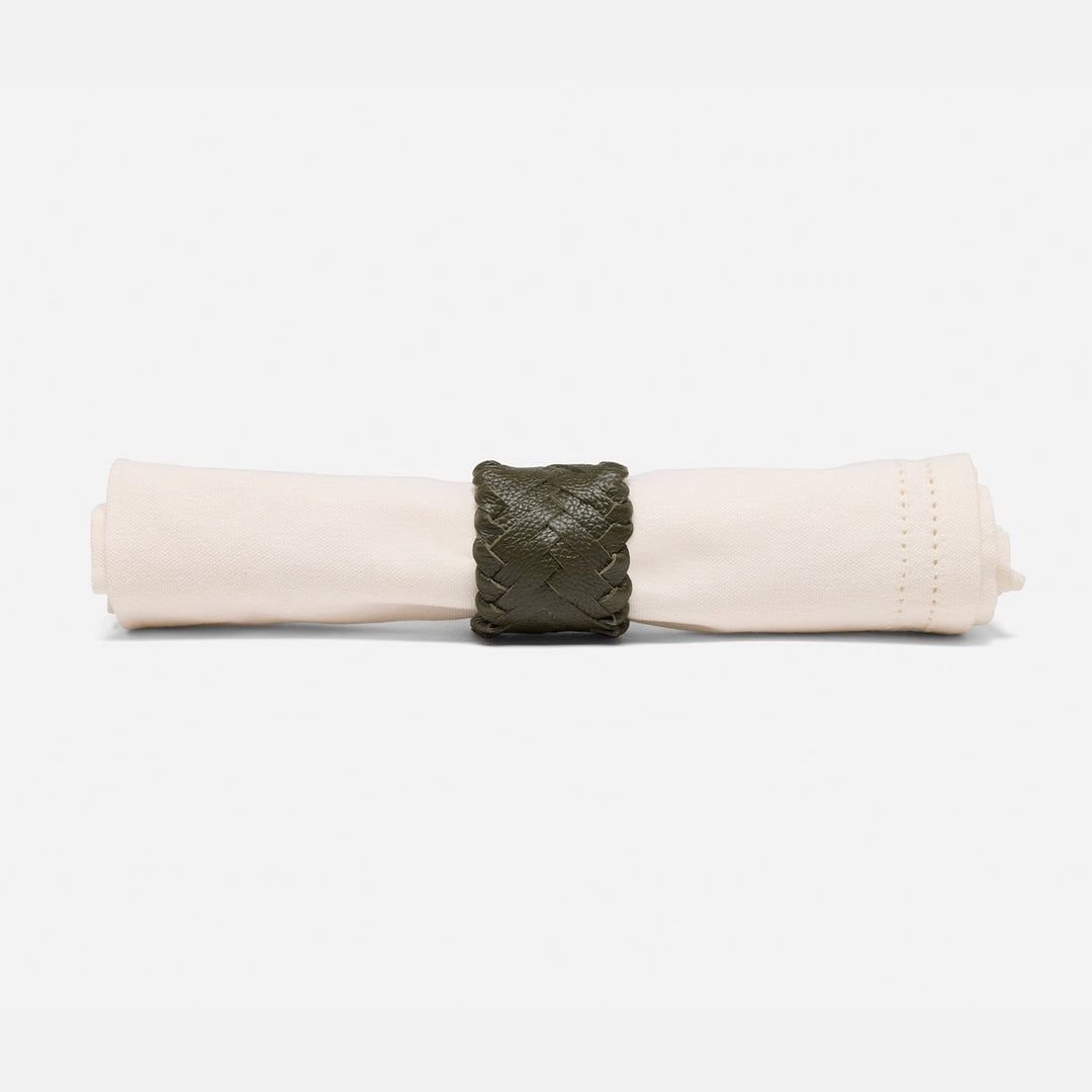 Fordham Forest Green Braided Napkin Ring Full-Grain Leather Boxed Pack/4
