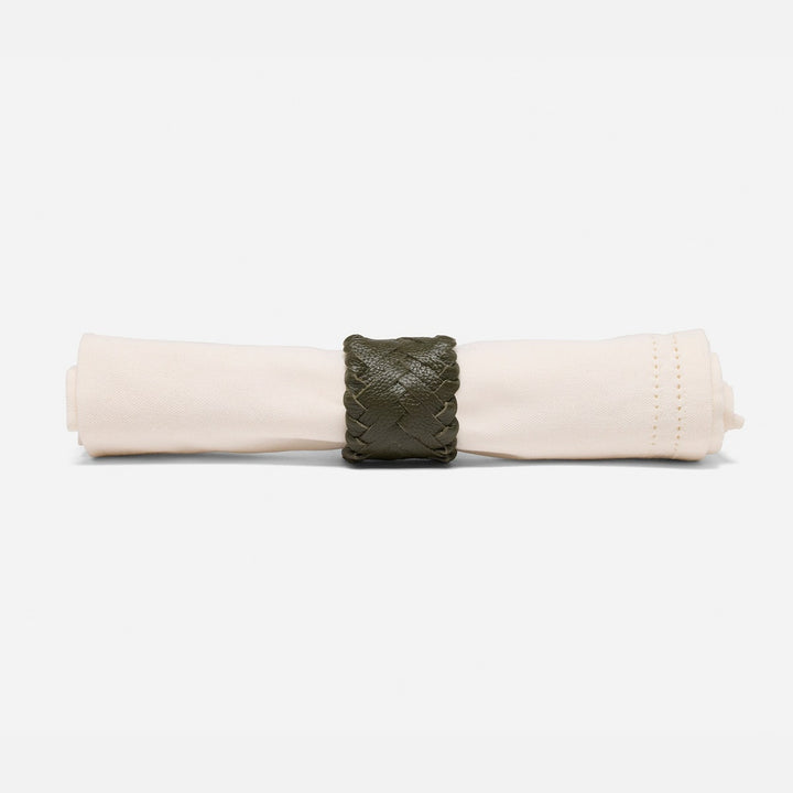 Fordham Forest Green Braided Napkin Ring Full-Grain Leather Boxed Pack/4