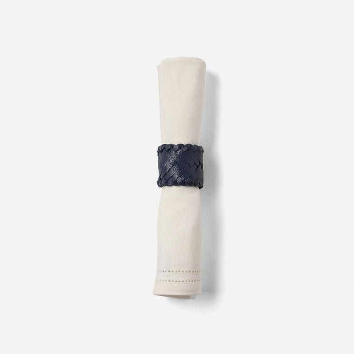 Fordham Navy Braided Napkin Ring Full-Grain Leather Boxed Pack/4