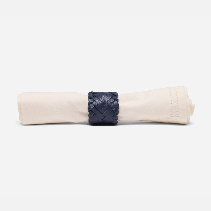 Fordham Navy Braided Napkin Ring Full-Grain Leather Boxed Pack/4